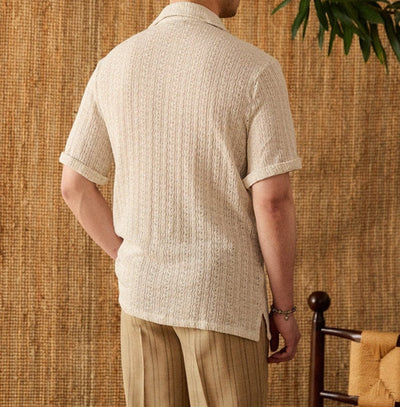 Men's-short-sleeved-puerto-shirt-made-of-beige-cotton-with-button-facing