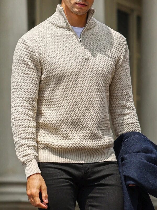 Men's beige-knitted-sweater-with-zipper-and-textured-pattern-sporty-and-elegant.