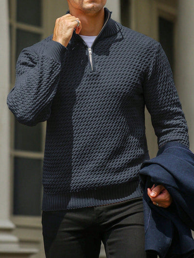 Men's dark blue textured sweater with zipper and modern knit pattern - elegant and comfortable design.