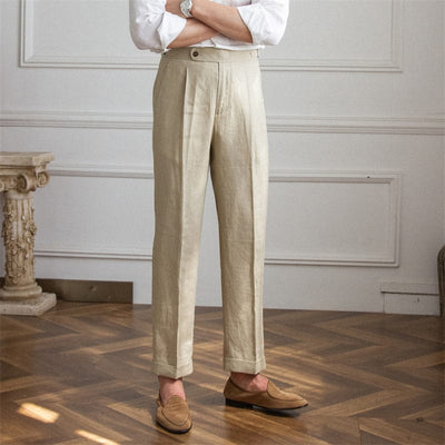 men's-linen-trousers-beige-classic-cut-high-quality-finishing-model-streamlined-vintage-elegance