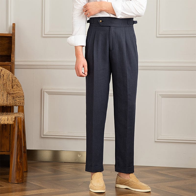 Men's linen trousers, navy blue, classic model, exudes elegance