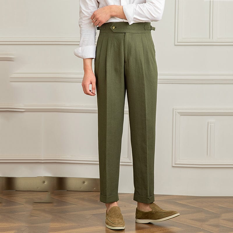 Men's linen trousers, olive green, classic model, exudes elegance