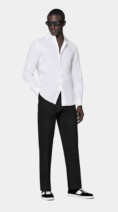 men's-linen-shirt-white-classic-style-model-wears-black-pants