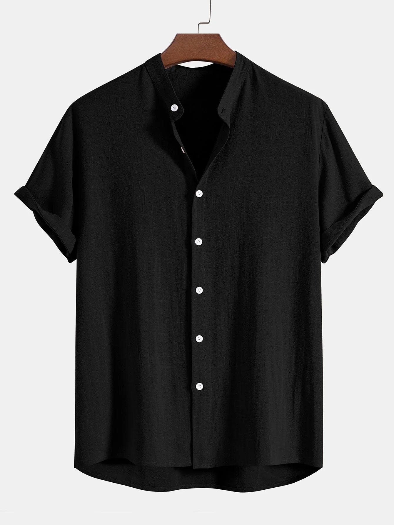 men's-linen-short-sleeved-shirt-black-classic-style-model-exudes-elegance