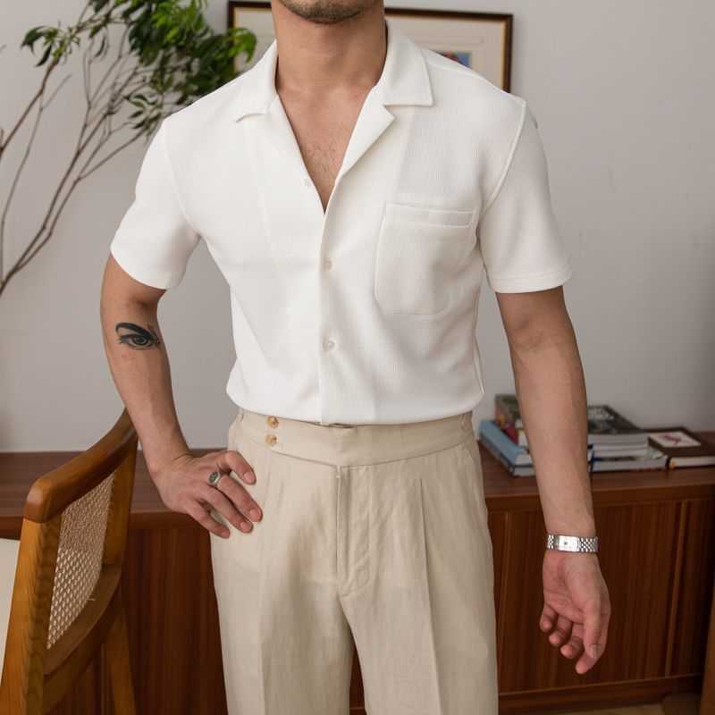 Men's-short-sleeved-white-summer-shirt-with-collar-and-breast-pocket