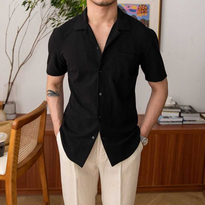 Men's-short-sleeved-black-summer-shirt-with-collar-and-breast-pocket