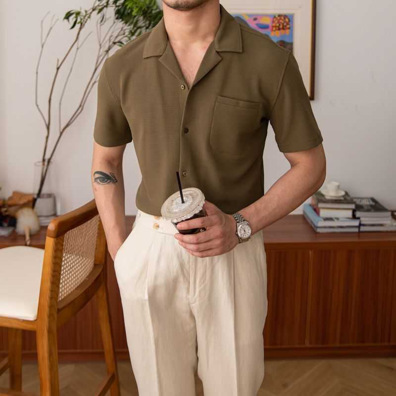 Men's-short-sleeve-olive-green-summer-shirt-with-collar-and-breast-pocket