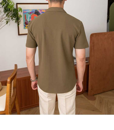 Men's-short-sleeve-olive-green-summer-shirt-with-collar-and-breast-pocket