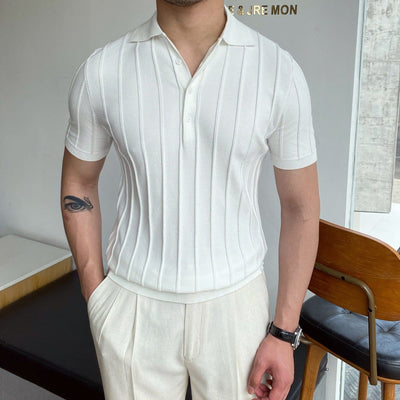 Men's-white-short-sleeved-polo-shirt-with-vertical-stripes-and-button-facing