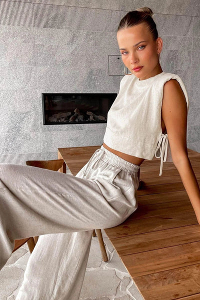 Khaki wide linen crop top and trousers in an old-money-look vintage cut