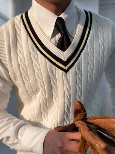 Men's-white-V-sweater-with-black-accents-vintage-style-elegant-combination