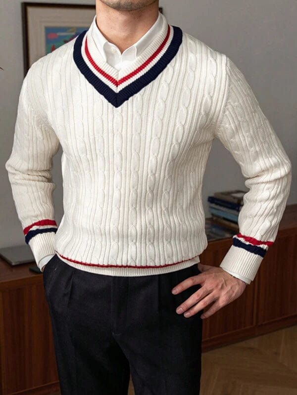 Men's-white-V-sweater-with-rib-knit-red-blue-accents-vintage-design-elegant-style