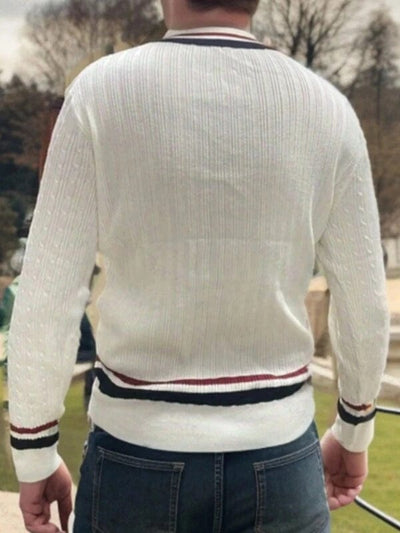 Men's-white-V-sweater-with-rib-knit-red-blue-accents-vintage-design-elegant-style