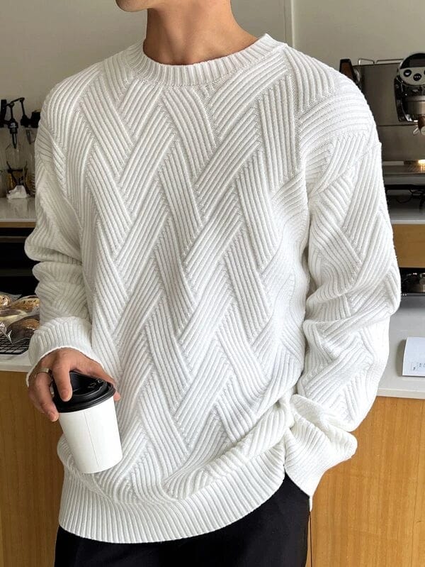 Men's-white-sweater-with-round-neckline-in-vintage-rib-knit-pattern-old-money-inspired-design