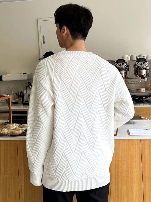 Men's-white-sweater-with-round-neckline-in-vintage-rib-knit-pattern-old-money-inspired-design