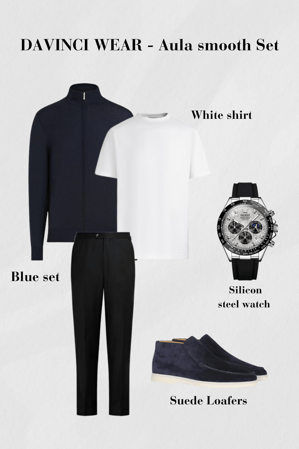 Blue-outfit-set-with-sweater-t-shirt-black-pants-suede-loafers-and-silicone-steel-watch-casual-and-modern-design