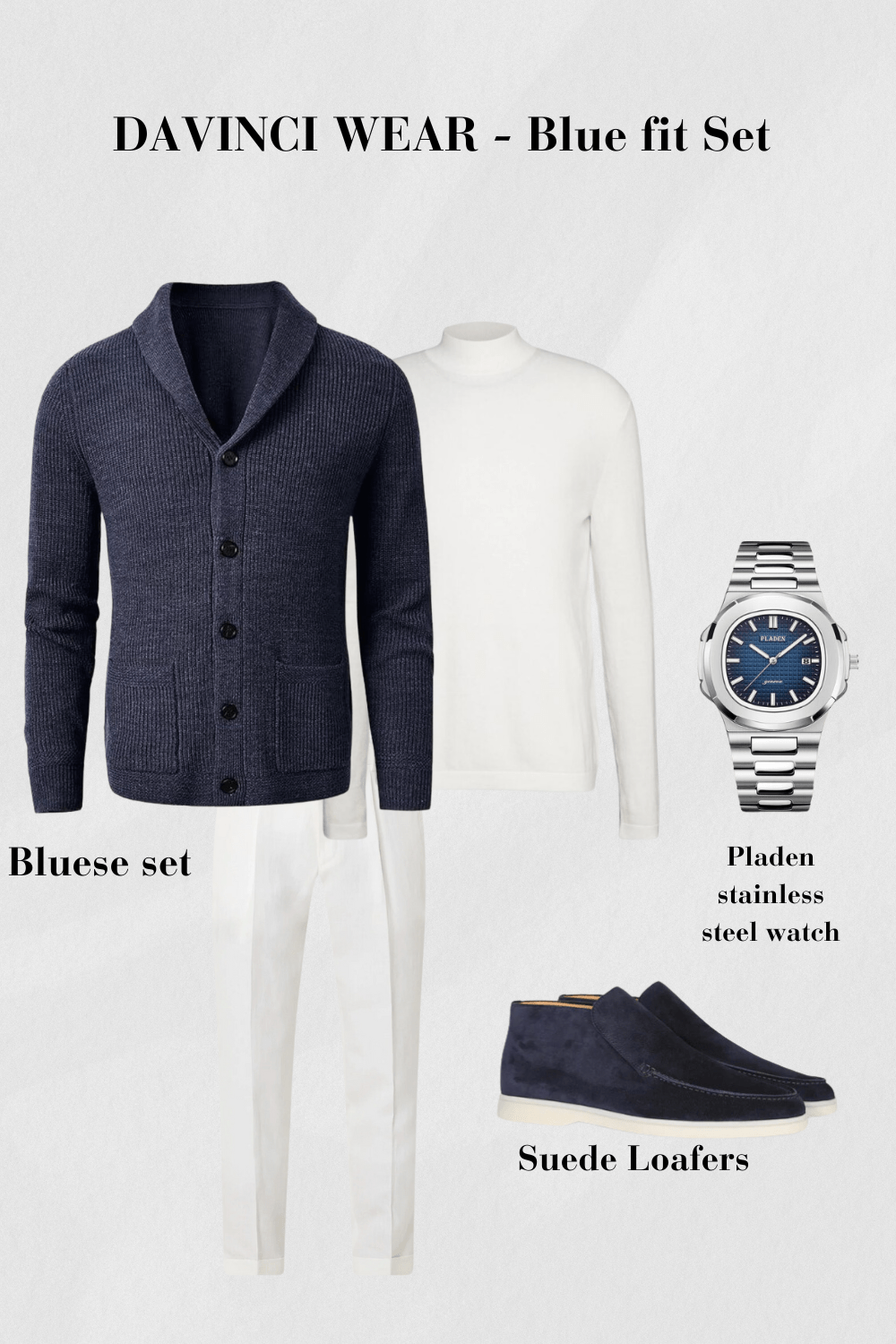 Blue-outfit-set-with-cardigan-sweater-white-pants-suede-loafers-and-stainless-steel-watch-elegant-and-modern-design