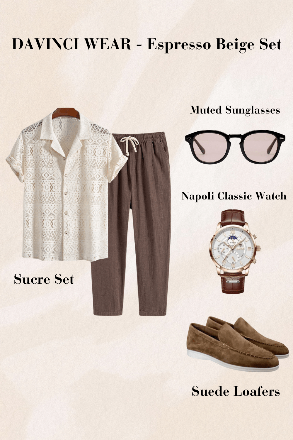 Lace-shirt-with-brown-pants-beige-suede-loafers-pink-watch-and-tinted-sunglasses