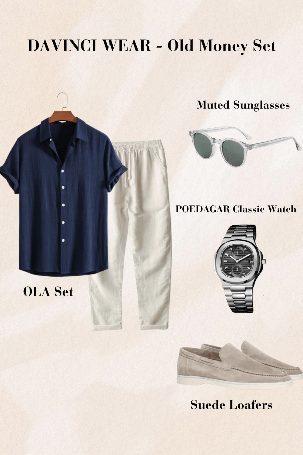 Dark-blue-shirt-with-beige-trousers-classic-stainless-steel-watch-and-suede-loafers-summery-and-elegant-design