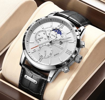 Luxury-men's-watch-with-black-leather-bracelet-silver-dial-and-elegance