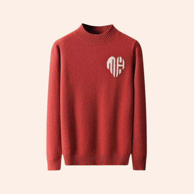 Men's-red-knitted-sweater-with-white-monogram-application-and-ribbed-collar