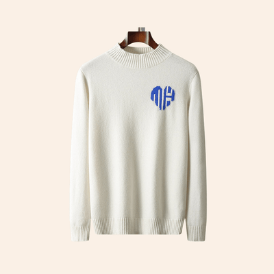 Men's-sweater-in-white-cashmere-with-blue-heart-motif