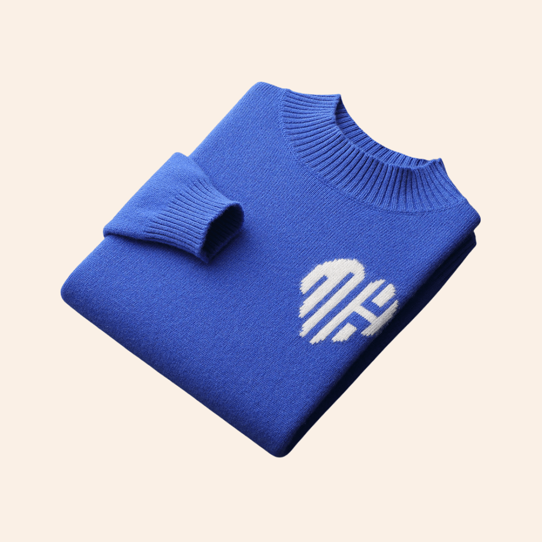 Men's-blue-knitted-sweater-with-white-monogram-application-and-ribbed-collar