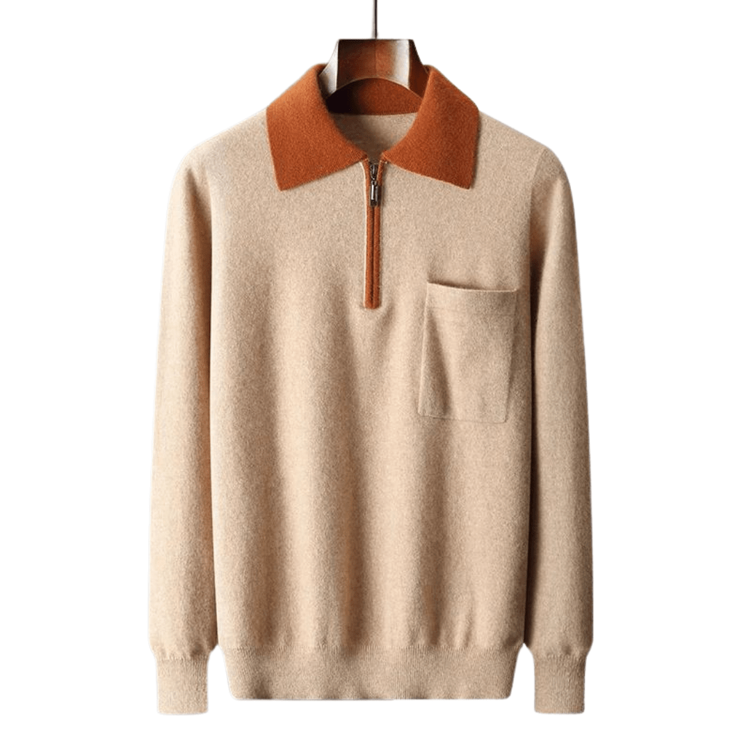 Men's-beige-knitted-sweater-with-orange-collar-and-zipper-combined-elegant-style-with-comfort