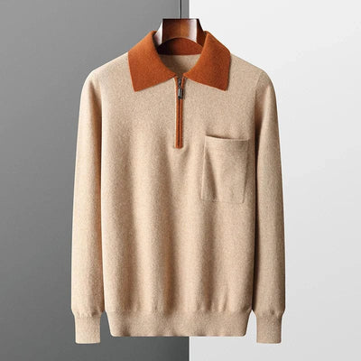 Men's-beige-knitted-sweater-with-orange-collar-and-zipper-combined-elegant-style-with-comfort