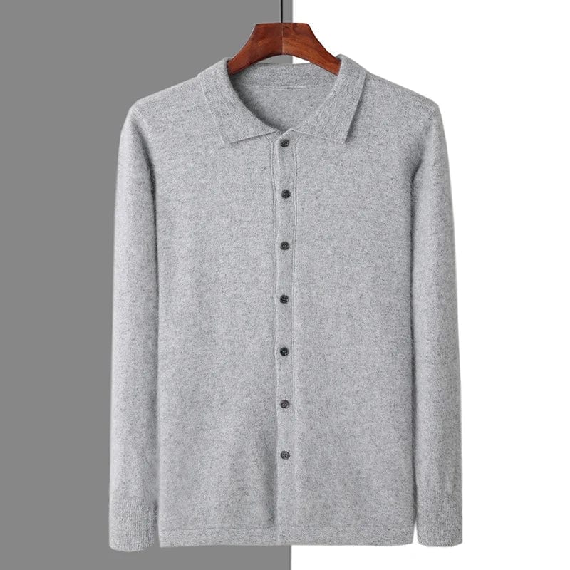 men's-light-gray-knit-jacket-with-button-facing-and-classical-collar