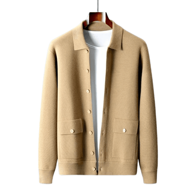 Men's beige-button-knit-jacket-with-collar-and-chest-pocket