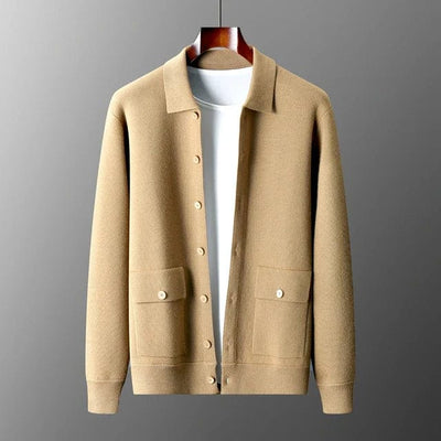 Men's beige-button-knit-jacket-with-collar-and-chest-pocket