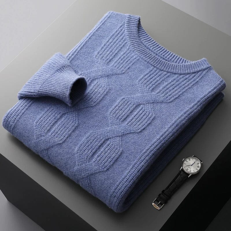 light-blue-cashmere-sweater-with-cable-knit-pattern-elegantly-pleated-on-a-gray-background-next-to-a-black-watch