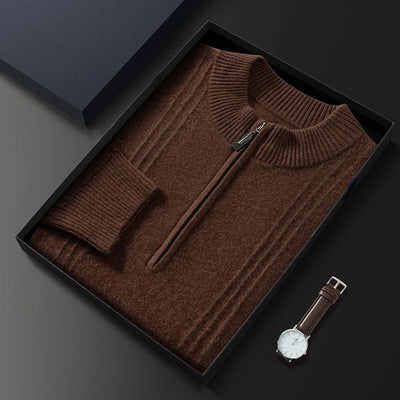 Sweat en cachemire pour homme, avec fermeture éclair, couleur marron élégante, texture fine