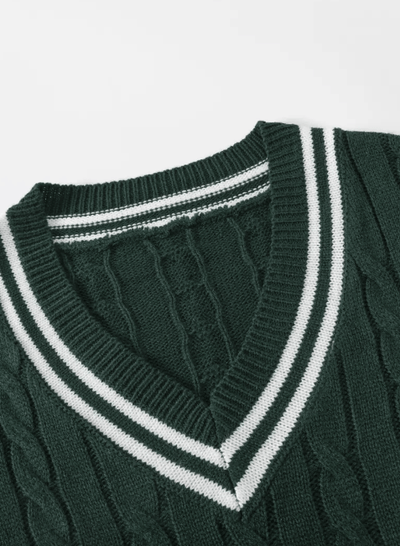 Pull vert pour homme en tricot-avec-des-bandes-blanches-d'inspiration-vintage