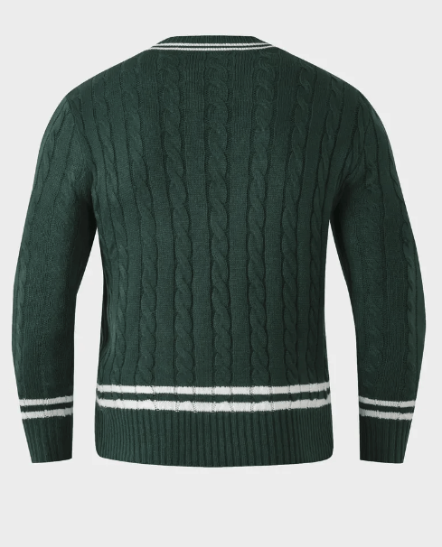 Pull vert pour homme en tricot-avec-des-bandes-blanches-d'inspiration-vintage