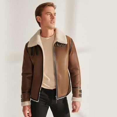 veste en cuir pour homme avec col en fourrure et fermeture éclair, finition noble, pour une mode hivernale intemporelle