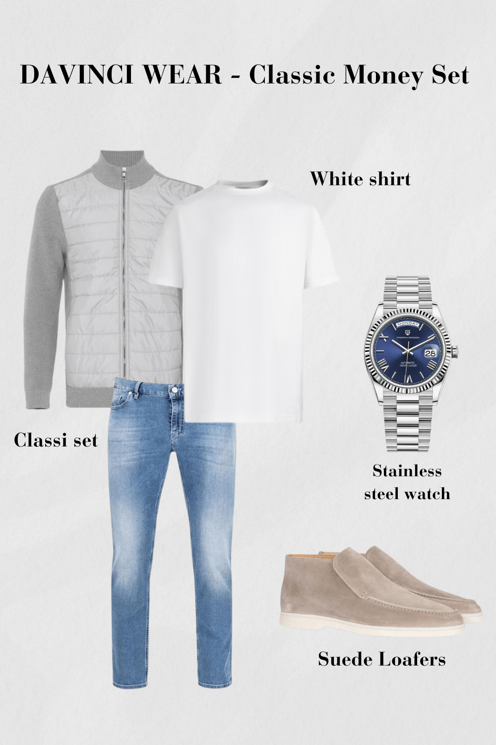 Ensemble gris et blanc avec veste matelassée, T-shirt, jeans, mocassins et montre en acier inoxydable, design décontracté et classique