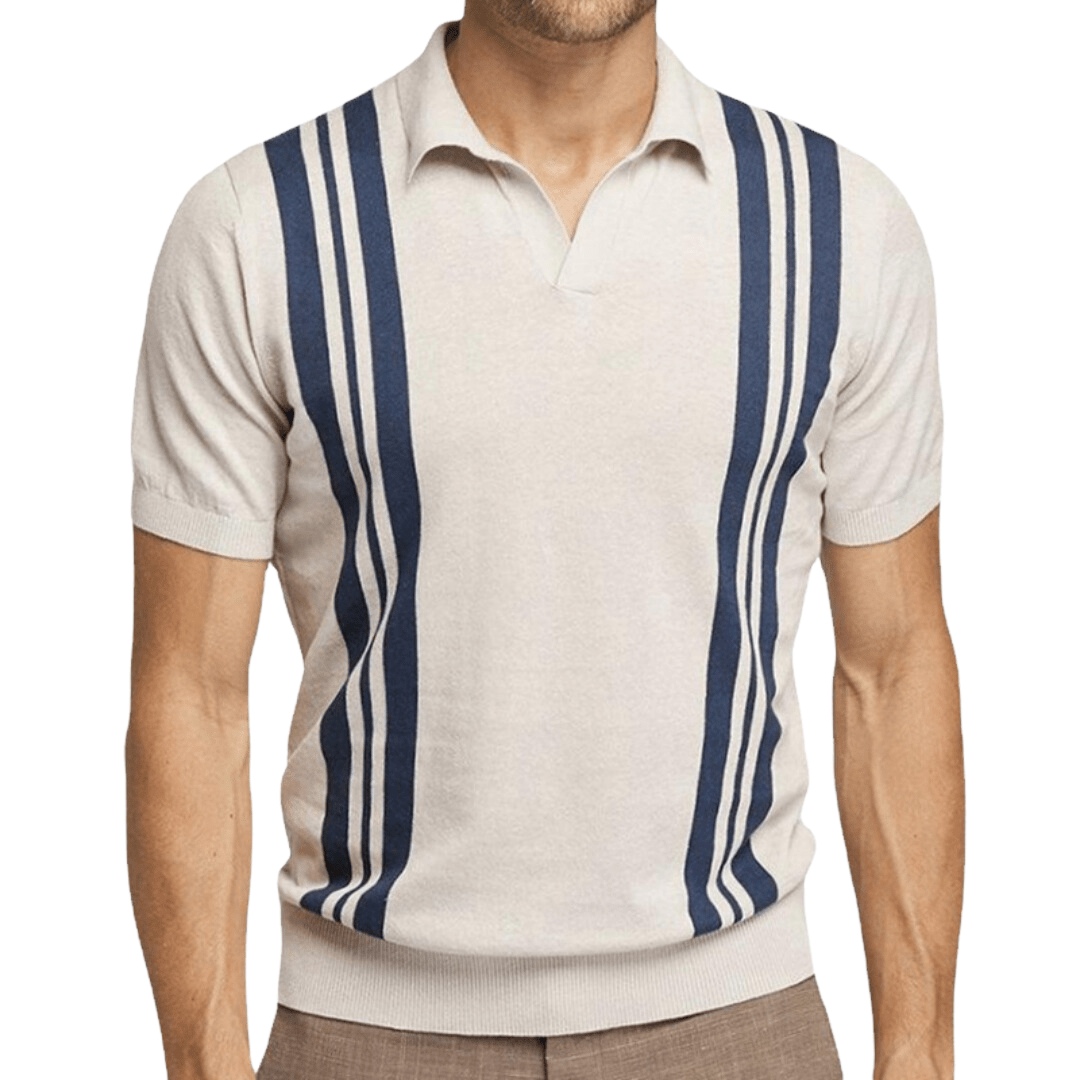 Polo rayé pour homme en abricot avec des rayures bleues et un look vintage