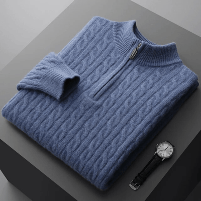 Pull en cachemire pour homme-bleu-avec-demi-zip-design-élégant-indémodable-conférant-un-charmant-raffiné