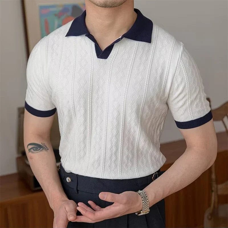 Polo jacquard blanc pour homme avec accents bleu foncé-vintage-élégant