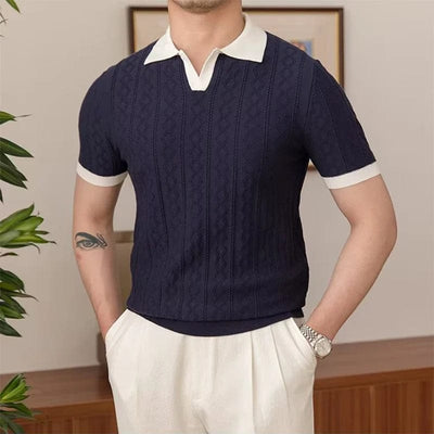 Hommes-bleu foncé-jacquard-polo chemise-avec-accents-blancs-vintage-élégant