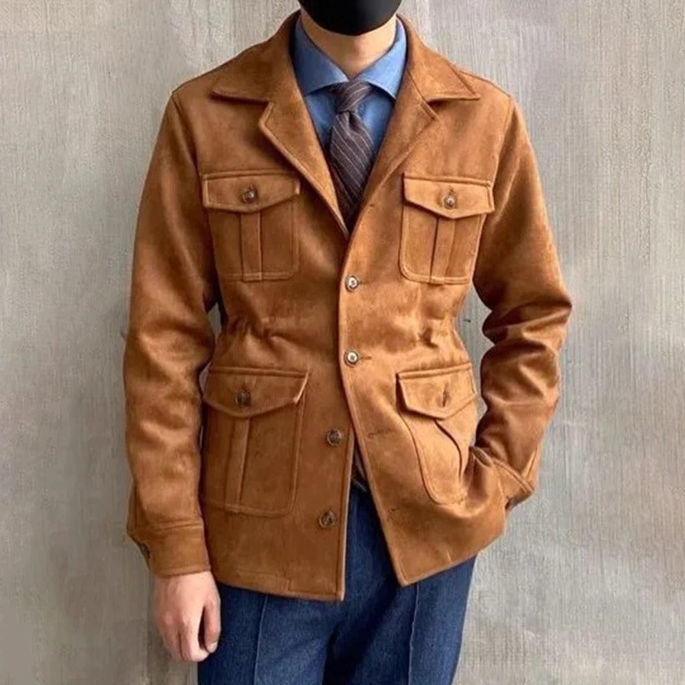 Veste en daim de couleur camel pour hommes avec plusieurs poches et fermeture à bouton avec col élégant