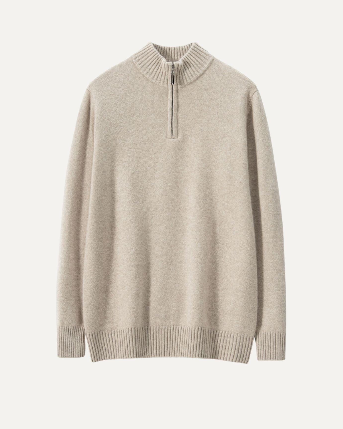 Pull beige en cachemire pour homme avec col haut et fermeture éclair pour un look élégant et confortable