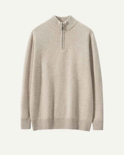 Pull beige en cachemire pour homme avec col haut et fermeture éclair pour un look élégant et confortable