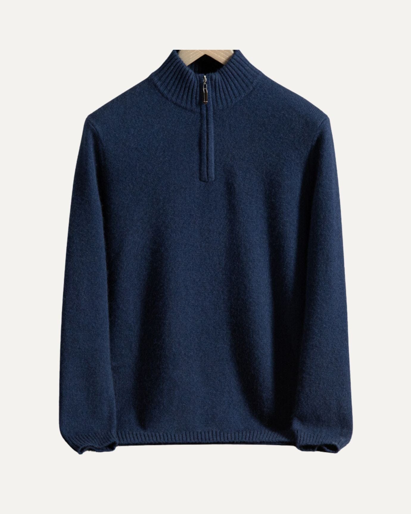 Pull en cachemire bleu foncé pour homme avec col haut zippé et détails côtelés