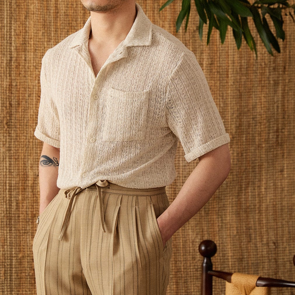 Chemise à manches courtes pour hommes en coton beige avec fermeture à boutons