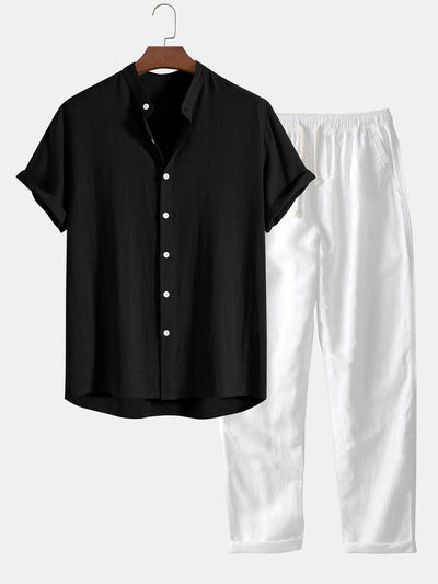 homme-chemise-en-lin-noir-style-classique-avec-manches-courtes-et-patte-de-bouton-modèle-contemporain-élégant