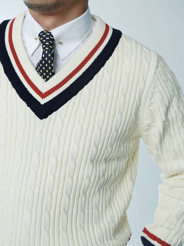 Pull en V blanc pour hommes avec côtes-accents rouge-bleu-design-vintage-style-élégant