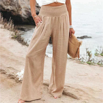 pantalon en lin beige-large-taille-haute-élastique-taille-détendue-style-été